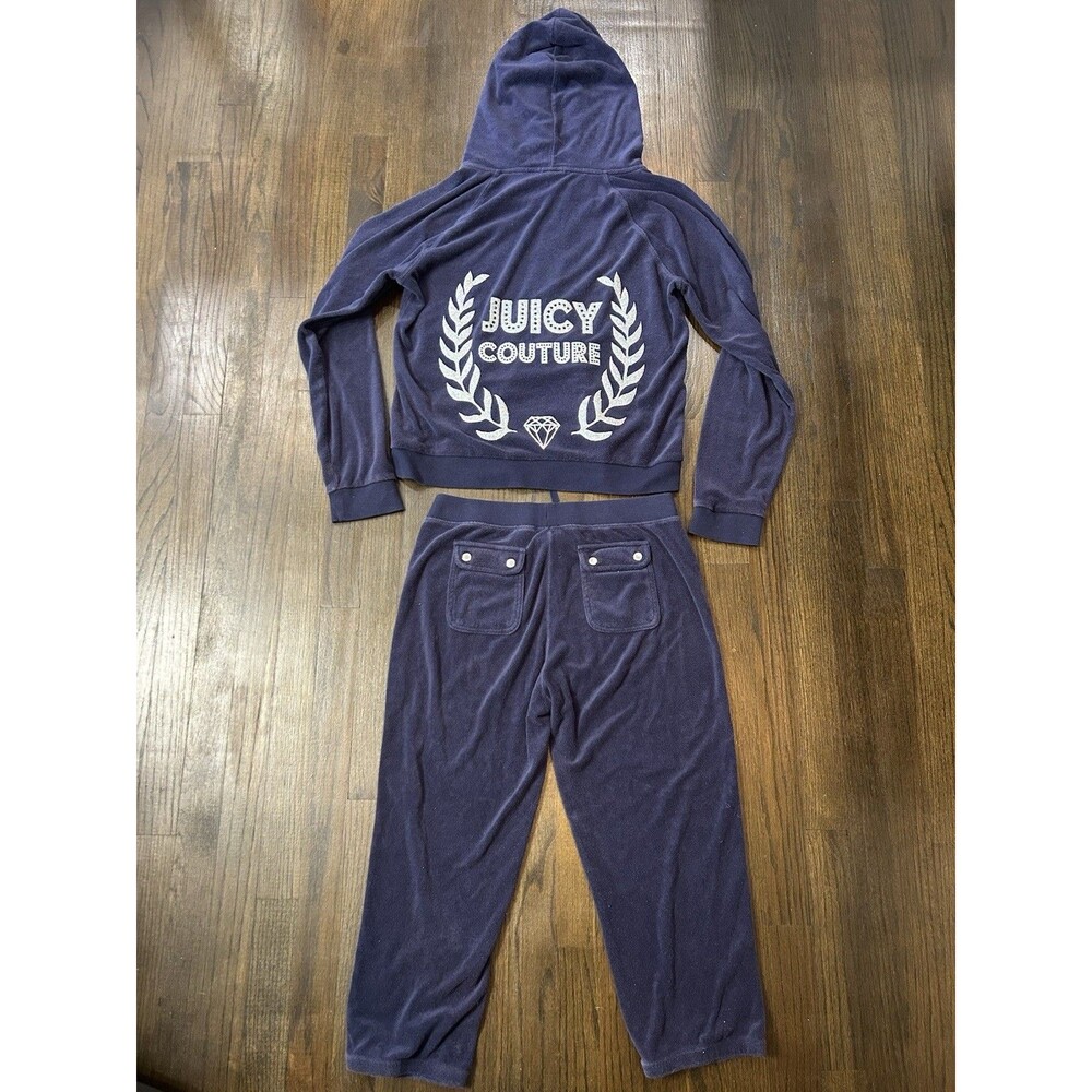 Y2K Juicy Couture Terry Tracksuit Set Blue  Rhinestone Bling Zip Up XL Pants M
